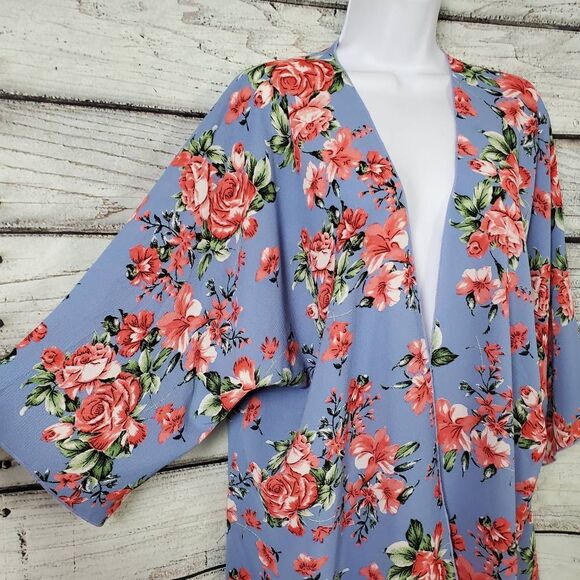 LJ USA Small Blue Floral Open Kimono Cardigan Lightweight - Picture 2 of 6